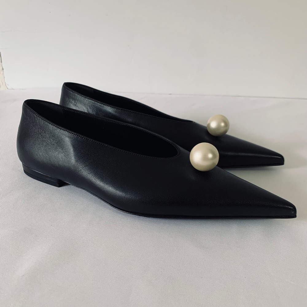 Magda Butrym Pearl Embellished Leather Ballet Flats Women 37.5 Black Pointed Toe